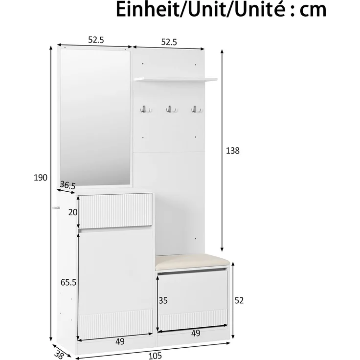 Garderobe,Kompaktgarderobe, Flurgarderobe, Garderoben Set, Schuhschrank, Schuhbank, Schuhkipper, Garderobe mit Spiegel,LED Garderobe(Not a one-piece product, holes need to be drill on the wall)--Weiß--105x38x190cm--YOUDENOVA – Bild 4