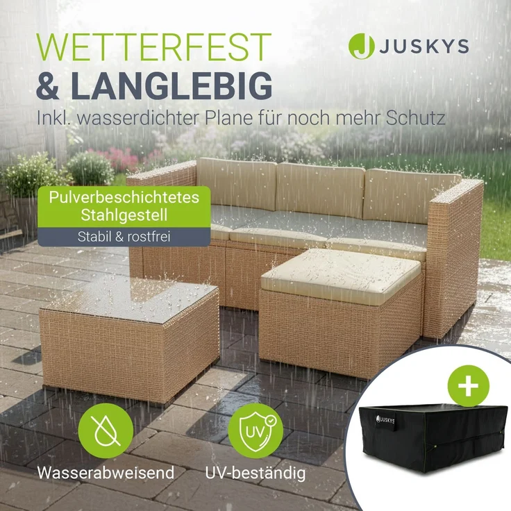 Juskys Polyrattan Lounge Punta Cana M creme inkl. Abdeckung – Gartenlounge für 4 Personen – Sitzgruppe mit Sessel, Sofa, Tisch & Hocker - Sitzbezüge sand – Bild 2