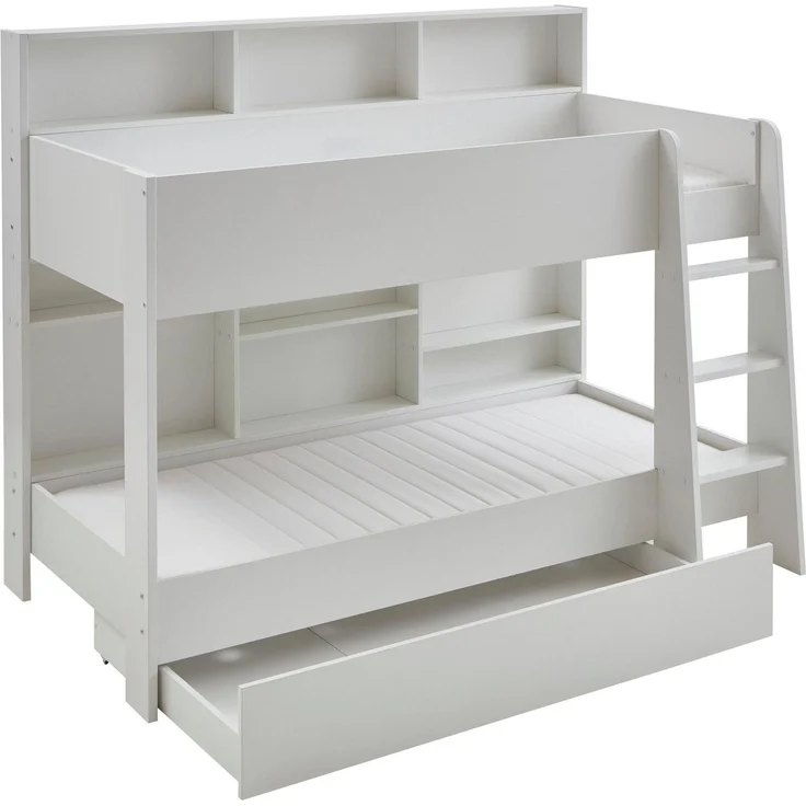 Relita Etagenbett Sely, viel Funktion auf kleinem Raum, 2 Liegeflächen, modernes Design (viele Regalfächer an der Bettrückseite, inkl. Schublade auf Rollen), viel Stauraum, pflegeleichte Melamin Oberfläche, 3 Farben zur Wahl – Bild 4