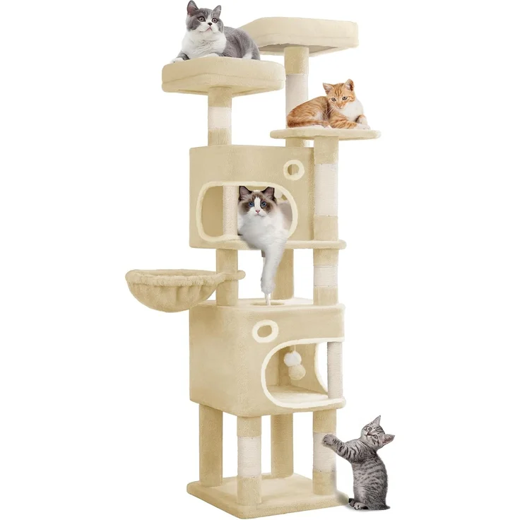 Kratzbaum, 159 cm Katzenbaum mit 8 Kratzsäulen, 3 Plattformen, 2 Höhlen, Korb, Plüschbälle, Sisalseil, Geeignet für Katzen Verschiedener Größen, Beige – Bild 2