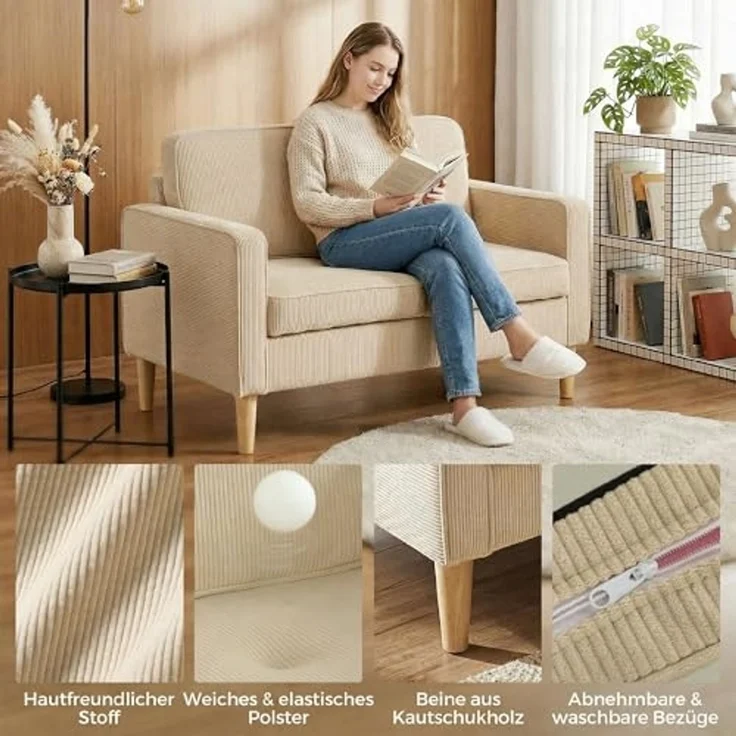HOMCOM Loveseat Modern Polstersofa mit 2 Wurfkissen Stauraum Massivholzfüßen (Couch, 1-St, 2-Sitzer Sofa), aus Corduroy für Wohnzimmer, Schlafzimmer, Beige 117 x 63 x 79 cm – Bild 5