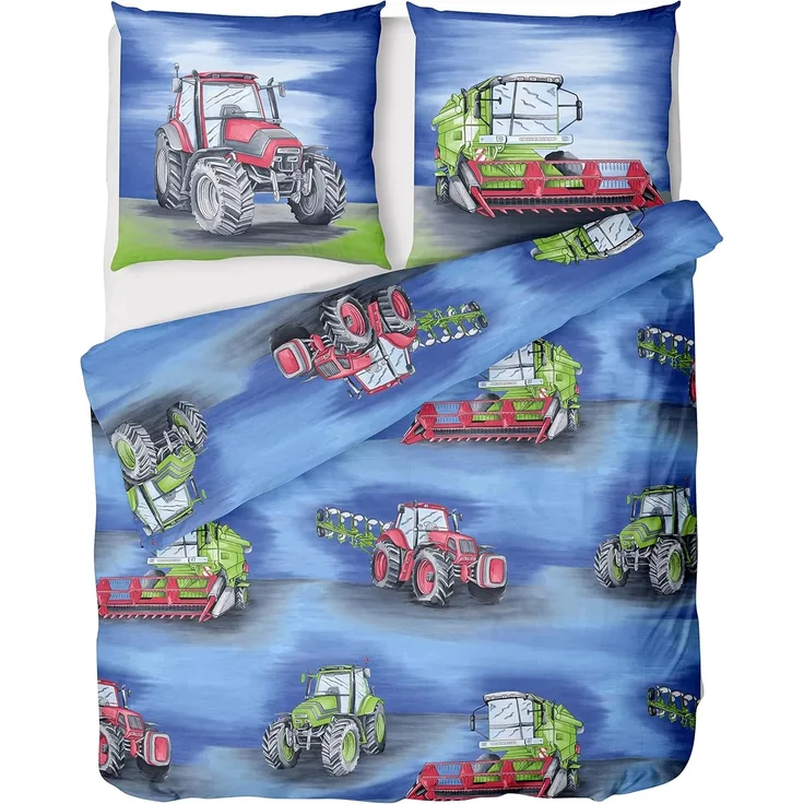 LINKHOFF Kinderbettwäsche Traktor Bettwäsche 135x200 für Jungen 2tlg. – Traktoren & Mähdrescher, Biber Bettwäsche-Set, Trecker Kinderbettwäsche, 100% Baumwolle