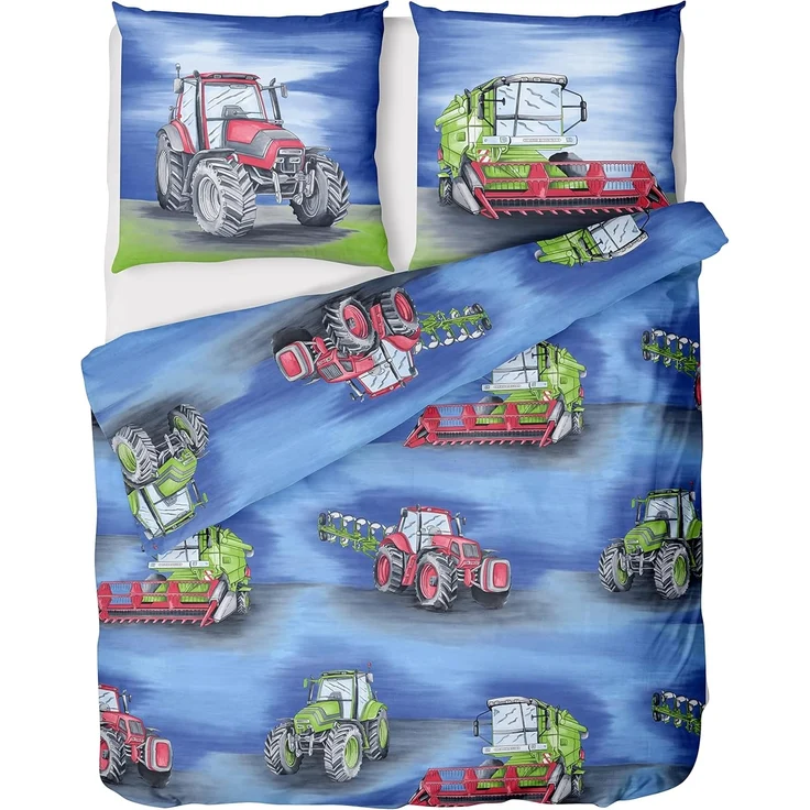 LINKHOFF Kinderbettwäsche Traktor Bettwäsche 135x200 für Jungen 2tlg. – Traktoren & Mähdrescher, Biber Bettwäsche-Set, Trecker Kinderbettwäsche, 100% Baumwolle – Bild 1