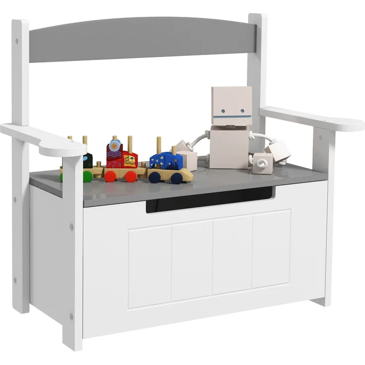 JARDJ Kinder-Aufbewahrungsbank mit Rückenlehne und Soft-Close-Deckel, Tragkraft 30 kg, für Spielzimmer, 68,5 x 34 x 58 cm, Grau und Weiß
