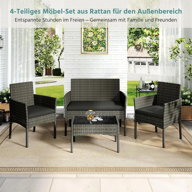 Yaheetech Balkonset Gartenmöbel-Set 4-er Set Rattanmöbel für 4 Personen, Gartengarnitur aus Zweisitzer-Sofa & 2 Einzelsofas & Kaffeetisch – Bild 2