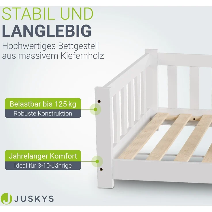 Juskys 'Naya' Kinderbett - mit Matratze, Rausfallschutz & Lattenrost - Bodenbett für Kinder 3 -10 Jahre - Holz Weiß, 90x200 cm – Bild 1