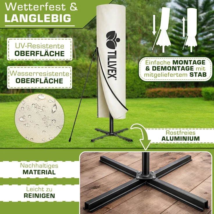 tillvex Alu Ampelschirm Beige LED Solar Ø 350 cm mit Kurbel | Sonnenschirm mit An-/Ausschalter | Gartenschirm UV-Schutz Aluminium | Kurbelschirm mit Ständer Marktschirm wasserdicht – Bild 4