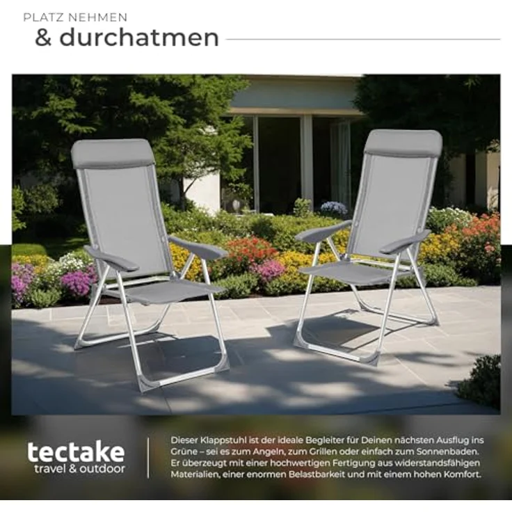 tectake® 4er Set Gartenstuhl Hochlehner, Gartenstühle, Essstühle Aluminium, Klappstuhl 5-Fach verstellbar mit Armlehnen, Sessel mit Liegefunktion, Gartenmöbel, Möbel für Terrasse und Camping - grau – Bild 7
