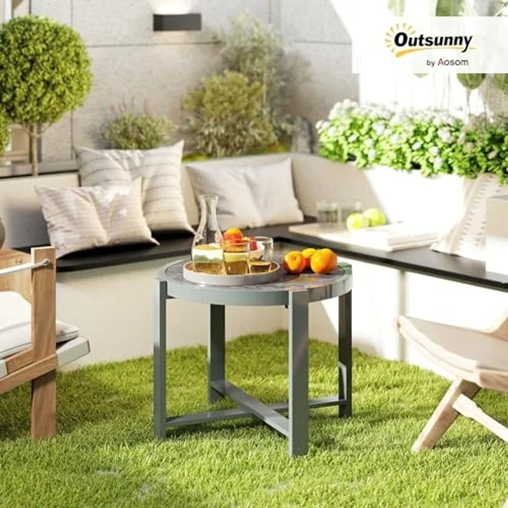 Outsunny Gartentisch mit Marmoroptik (rund Beistelltisch, 1-St, wetterfest Balkontisch aus Aluminium), für Wohnzimmer Büro Outdoor Indoor Grau – Bild 2