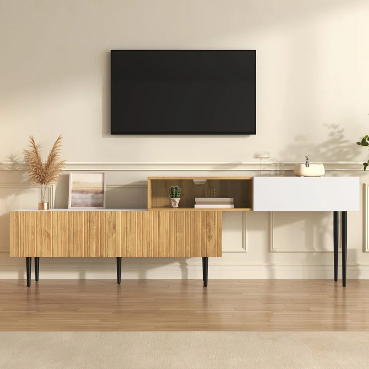 Merax TV-Schrank mit verstellbarer Länge, Modulares 2-teiliges Design, Holzoptik + Weiß matt, Schwarze Metallbeine – Bild 8