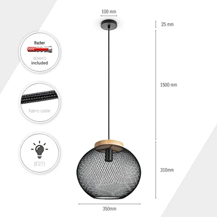Paco Home Pendelleuchte Korblampe Metall, schwarze Hängelampe im Industrial-Design mit E27-Fassung und Holzdetails – Bild 3