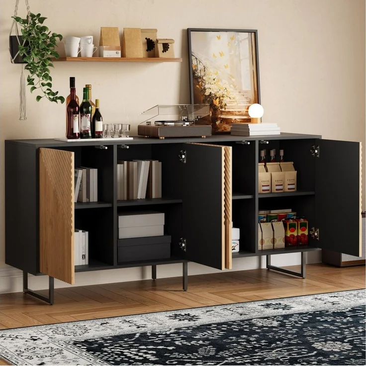 STILVORA Sideboard mit 4 Türen Vakuumgeformter Wohnzimmerschrank mit 3 Stützbeinen (Aufbewahrungsmöbel mit unterteiltem Stauraum, mit dreidimensionalen Texturen), symmetrischen Ansatz – Bild 1