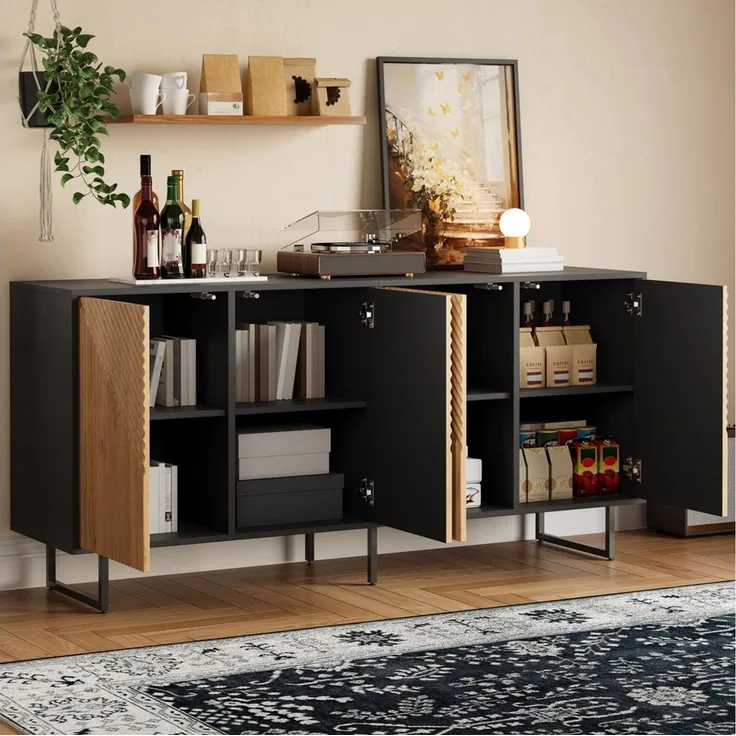 STILVORA Sideboard mit 4 Türen Vakuumgeformter Wohnzimmerschrank mit 3 Stützbeinen (Aufbewahrungsmöbel mit unterteiltem Stauraum, mit dreidimensionalen Texturen), symmetrischen Ansatz