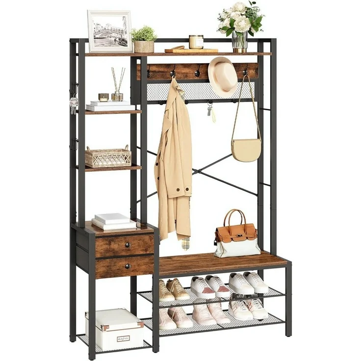 Hoobro Garderobenständer mit Schuhbank, (Schuhregal mit Garderobe, Eingangsmöbel mit Haken und Schubladen aus Vliesstoff), Garderobe mit Sitzbank, für Wohnzimmer, Flur – Bild 5