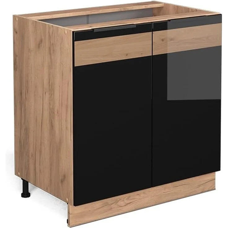 Vicco Küchenunterschrank Schwarz Eiche hochglanz 80 cm mit Regal, ohne Arbeitsplatte, Fame-Line – Bild 1