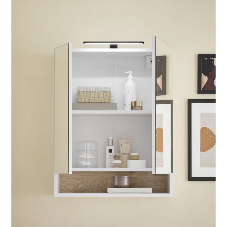 Badezimmerspiegelschrank >Denver< LED, Steckdose, weiß matt / eiche Dekor - 60x75x22 (BxHxT) – Bild 8
