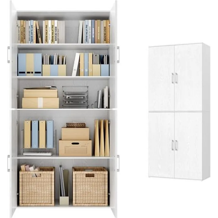 VASAGLE Aktenschrank mit 4 Türen, Kleiderschrank, 5 Ablagen, für Büro, Holzspanplatte, mit Griffen, 80 x 40 x 180 cm, weiß