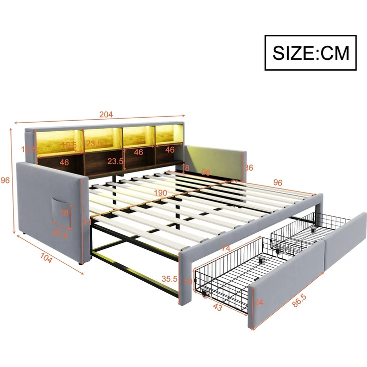 Merax Einzelbett Daybett 90/180 x190cm Ausziehbares Polsterbett Schlafsofa, Kopfteil mit integrierten Staufächern, LED-Lichtleiste und Ladesteckdosen, Mit 2 Schubladen, Samt Hellgrau – Bild 4