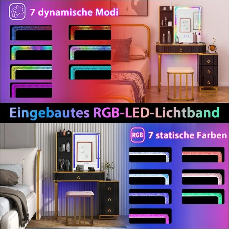 COSTWAY Schminktisch, mit 14 dimmbaren LED-Leuchten, USB-Anschluss, Hocker – Bild 2