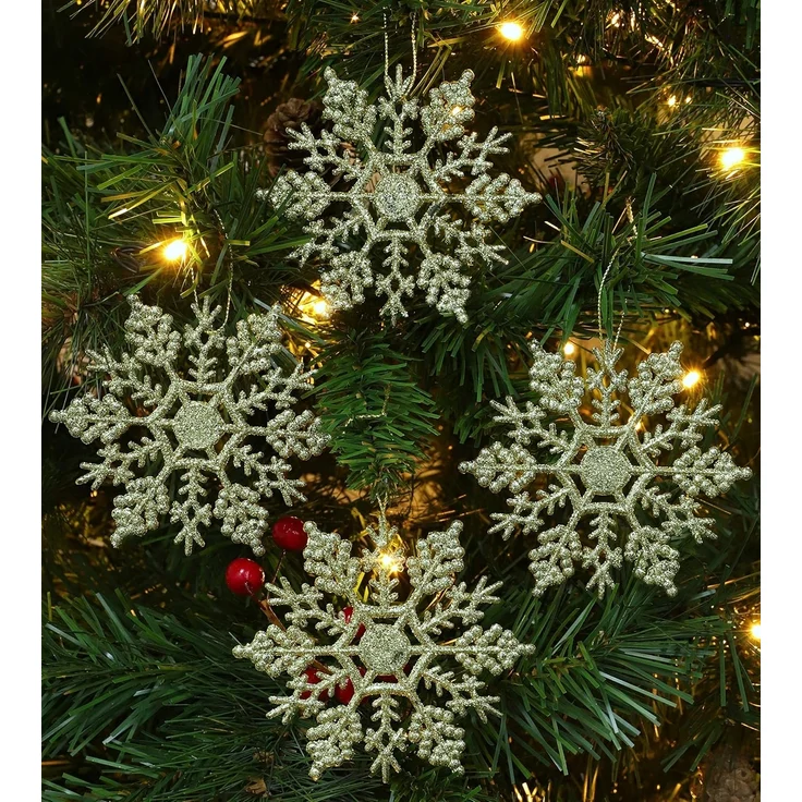 12 Stück – Glitzernde Schneeflockenornamente, Weihnachtsdeko für Party & Baum (Gold, 10 cm) – Bild 2