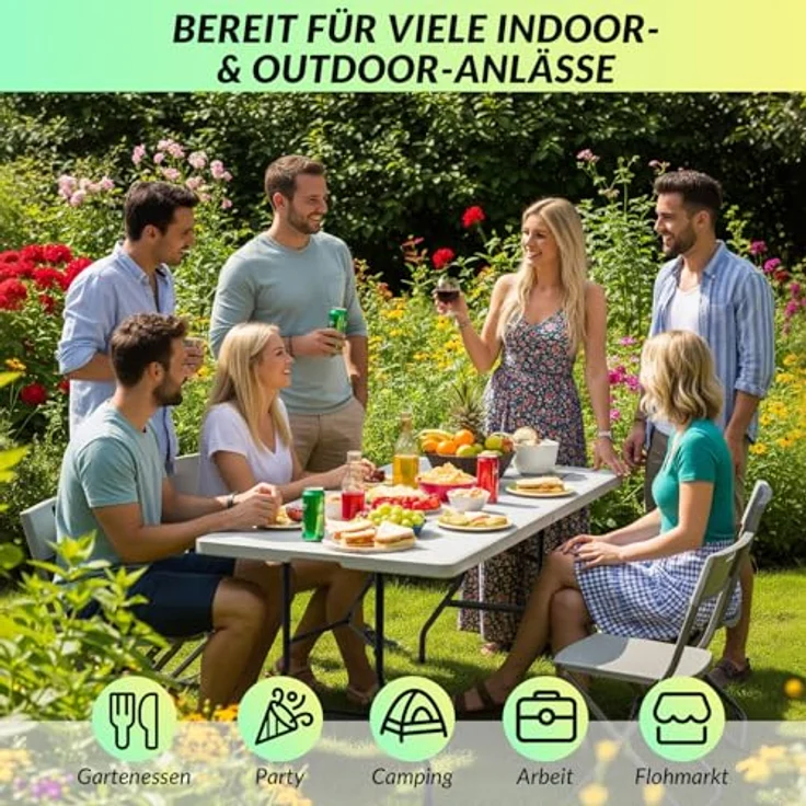 Velway Gartentisch klappbar 180x74 cm Buffettisch - Schneller Einsatz Klapptisch für 6-8 Personen Kunststoff Campingtisch Partytisch mit Tragegriff für Garten Terrasse und Balkon Zusammenklappbar Weiß – Bild 4