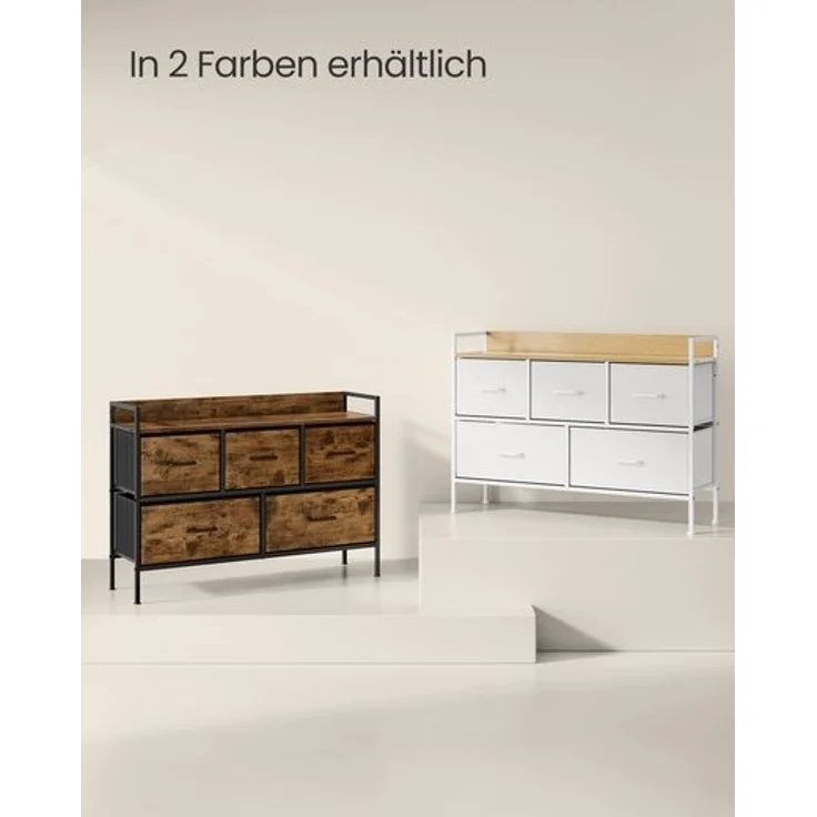 Songmics Kommode, 5 Stoff-Schubladen mit Griffen, MDF / Stahl wolkenweiß-eichenbeige, 70 x 29 x 98,2 cm – Bild 4
