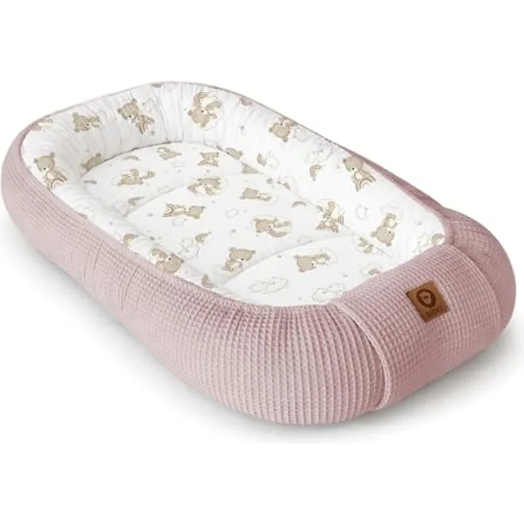 Babynestchen Neugeborene – Nestchen Baby aus Waffel Baumwolle & Baumwollstoff – Babynest für Babybett & Kinderbett – Baby Kokon Tragbar – OEKO-TEX zertifiziert – Zubehör für Babybett - Teddy und Rosa