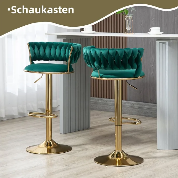 PFCTART Barhocker Samt Barhocker 2er Set, 360° drehbar & höhenverstellbar (Set, 2 St, Goldene Basis, für Küche, Esszimmer & Kücheninsel), Handgefertigte Rückenlehne, weich gepolstert, luxuriöser Samt