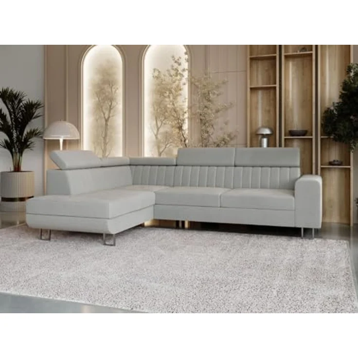 GrainGold Ecksofa mit Schlaffunktion und Bettkasten BERONA L - 255x190 cm, Grau, verstellbare Kopfstützen, Samt – Bild 4