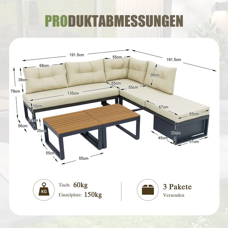LVHOM Modulares 5-tlg. Gartenmöbel-Set, Gartensofa in L-Form mit verstellbarer Rückenlehne und Stauraum, Wetterfeste Sitzgruppe für Terrasse, Beige – Bild 6