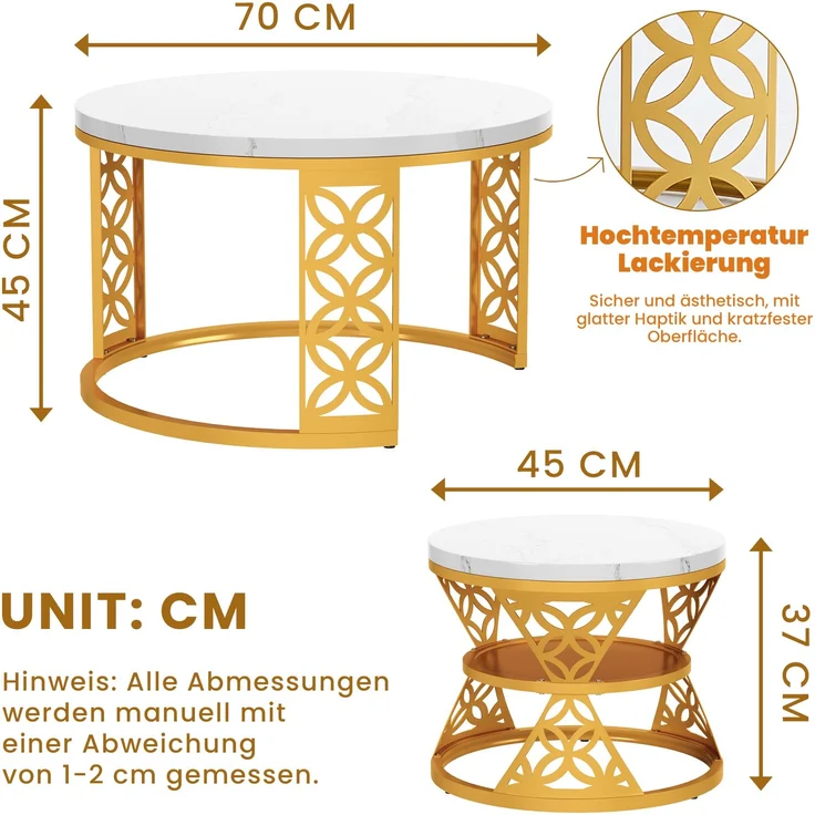2er-Set Couchtisch nestbar 70x70x45 + 45x45x37 cm, Marmor-Furnier, Kontrastfarbendesign – Bild 10