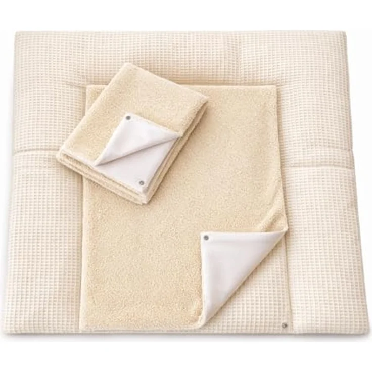 Wickelauflage Set 3-teilig – Wickelunterlage aus Waffelstoff mit Druckknöpfen – Baby Wickelauflage mit 2 Frottee Overlays – Wickeltischauflage – 75x72 cm (Breite x Tiefe), Hellbeige – Bild 1