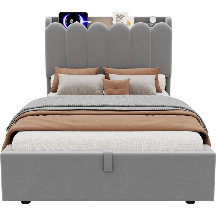 ZUBALIYA Bett mit Lattenrost / Polsterbett, mit großem Stauraum und USB& Type-C-Ladestation und Leselampe und hydraulisches Funktionsbett, Kinderbett 90 x 200 cm, Samt, Grau, für Mädchen und Jungen – Bild 24