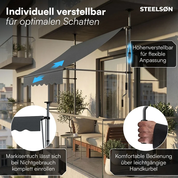 STEELSØN 'Dioran' Klemmmarkise mit Handkurbel 300x180 cm, anthrazit, stufenlos höhenverstellbar, wetterfest und UV-beständig, Balkonmarkise ohne Bohren – Bild 2
