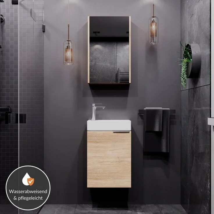 Planetmöbel Badmöbel-Set Badmöbel-Set 40cm mit Spiegelschrank (Sonoma Eiche), (Komplett-Set, 3-St), Badmöbel, Breite 40 cm, Soft-Close-Funktion – Bild 3