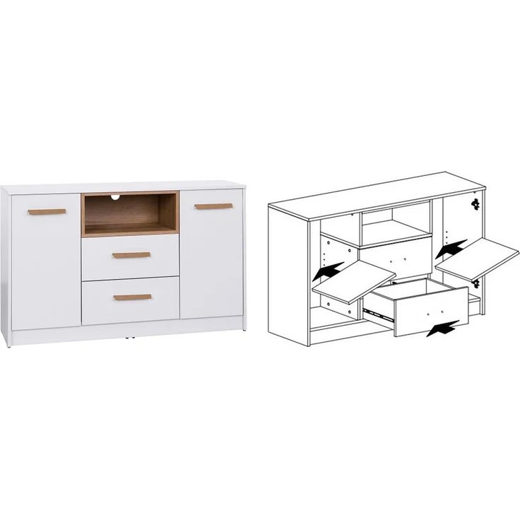 Marmex Möbel Grant Set-D Jugendzimmer Komplett-Set 3-teilig mit Kleiderschrank, Kommode, geschlossenes Regal, Kinderzimmermöbel, laminierte Spanplatte, weiß+riviera Eiche, 262,5x195x55 cm – Bild 3
