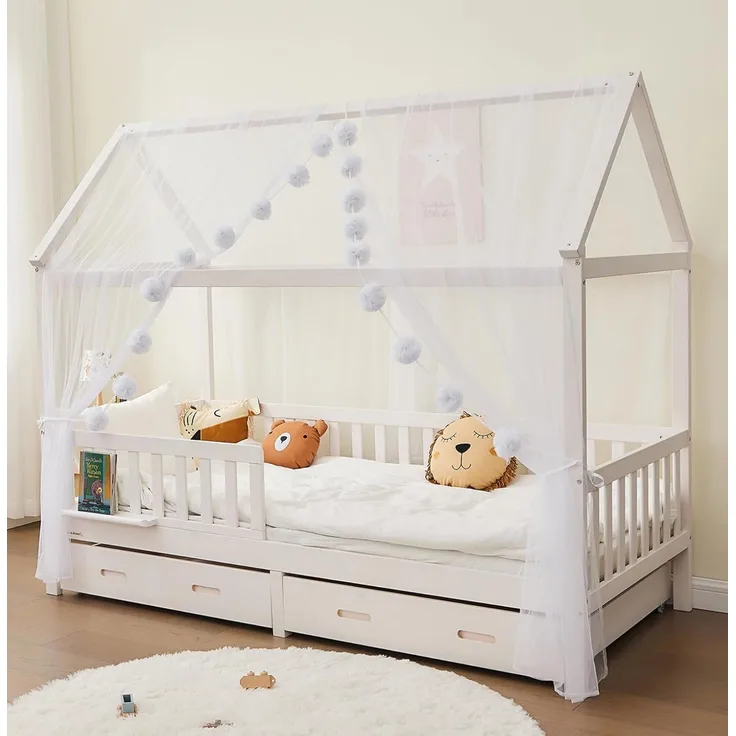 Alavya Home® Betthimmel Der Luxus DEKO SET für HAUSBETT 80x160 I 90x200 (3-tlg SET 2 x Betthimmel Länge: 340 cm, Breite: 150 cm und 1 x Groß Pompomkette), Exklusives Dekoset aus 100% Polyester GOTS zertifiziert für Kinder