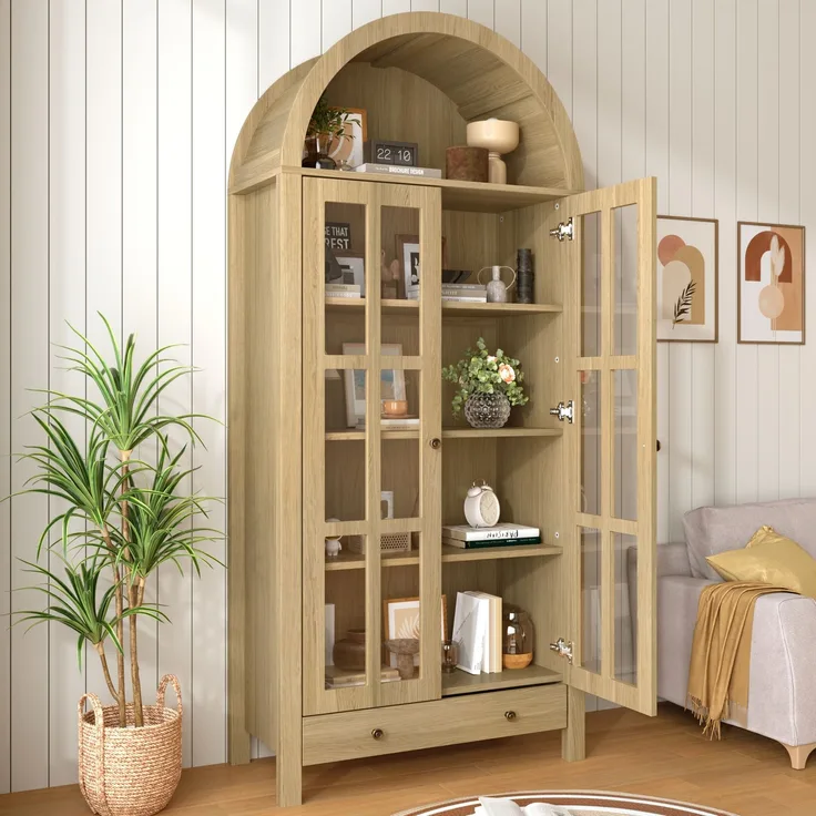 Moderner bogenförmiger Standhochschrank mit mehreren Regalebenen & Schublade – Multifunktionale Vitrine & Regalschrank mit höhenverstellbaren Einlegeböden für Wohnzimmer, Arbeitszimmer und Esszimmer--Natürlich--75x35x170.5cm--YOUDENOVA