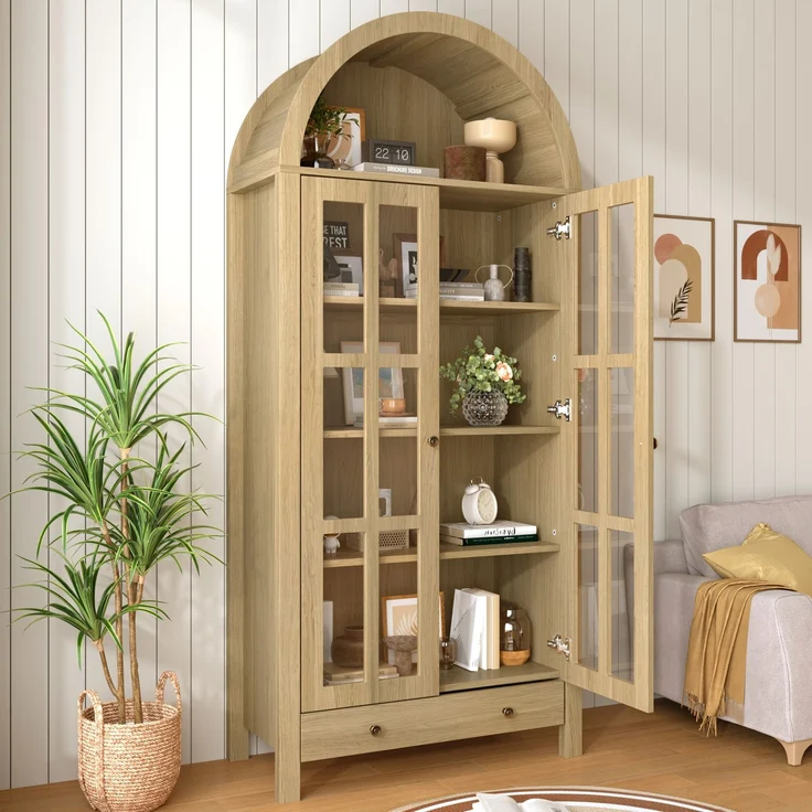 Moderner bogenförmiger Standhochschrank mit mehreren Regalebenen & Schublade – Multifunktionale Vitrine & Regalschrank mit höhenverstellbaren Einlegeböden für Wohnzimmer, Arbeitszimmer und Esszimmer--Natürlich--75x35x170.5cm--YOUDENOVA – Bild 1