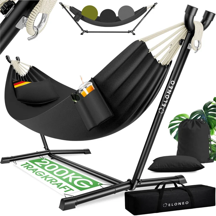 ELONEO Hängematte mit Gestell für 2 Personen, 200 kg Belastbarkeit, höhenverstellbares Hängemattengestell Outdoor und Indoor Hammock inklusive Kissen, Tragetasche und Beutel, Anthrazit – Bild 1