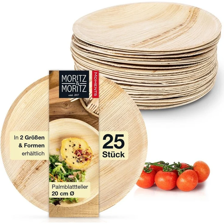 Moritz & Moritz Einweggeschirr-Set 25tlg Palmblatt Teller Rund Ø 25cm (25-tlg), 25 Personen, Palmblatt, Birkenholz, 25x25cm – Bild 1