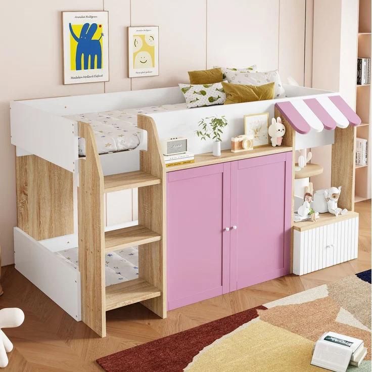 Kinder Hochbett 90x200 niedrig mit Haus-Design - Spielbett mit zweiter Liegefläche, Stauraum, breiter Leiter, weiß & Rosa – Bild 1