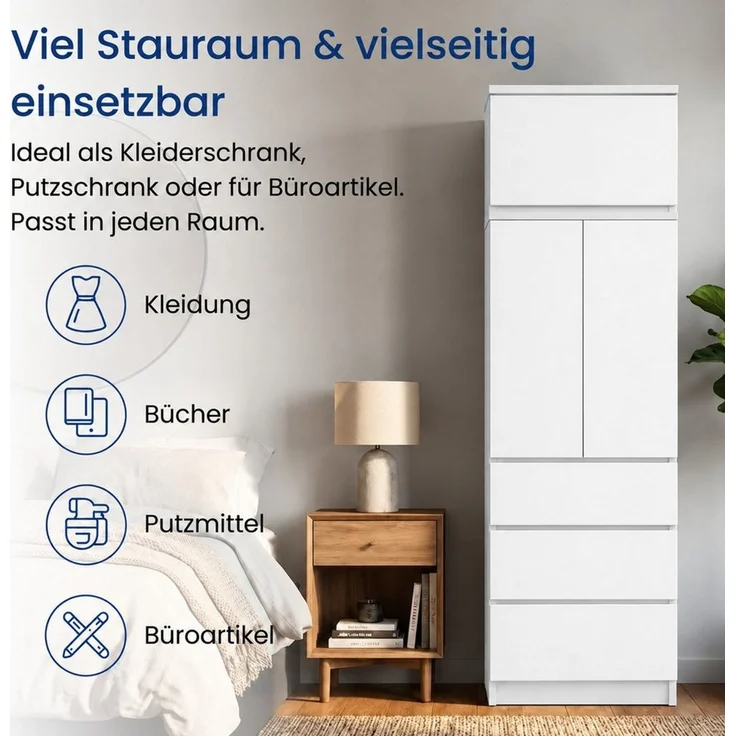 Home Collective Kleiderschrank Garderobenschrank Mehrzweckschrank Schrank platzsparend & vielseitig (50x40x180,5 cm (BxTxH), ideal für Schlafzimmer Flur & Arbeitszimmer) mit Aufsatz, 2 Türig 3 Einlegeböden & 3 Schubladen in weiß – Bild 4