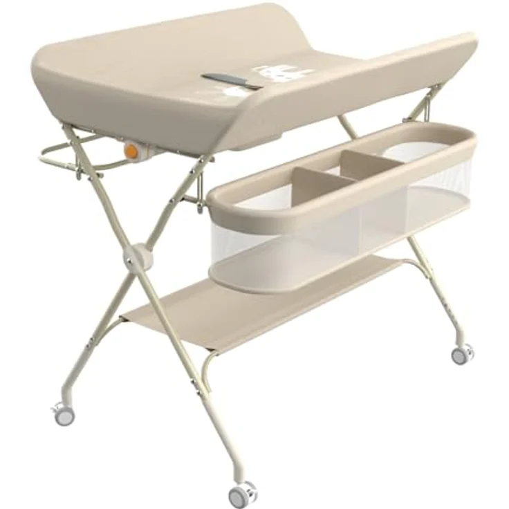 Wickeltisch, zusammenklappbar, mit Aufbewahrungskorb, Struktur aus Eisen, max. Belastung 25 kg, für Neugeborene, ergonomisches Design, Wickeltisch, 75 x 68 x 83–91 cm (A) Cremeweiß – Bild 5