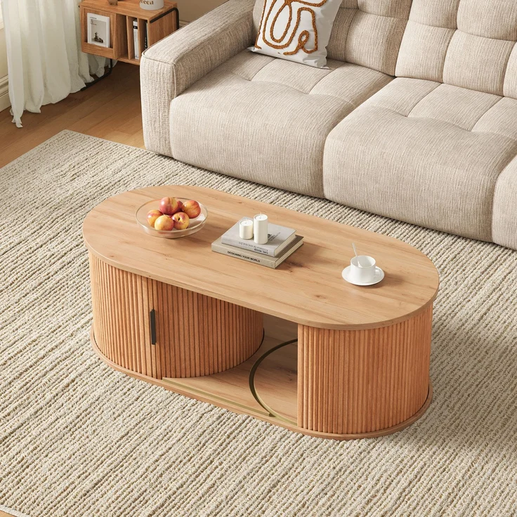 Couchtisch 100 x 50 x 33 cm, mit ovaler Tischplatte, mit verdeckt liegendem Stauraum, aus MDF und Spanplatte, Naturfarben – Bild 5