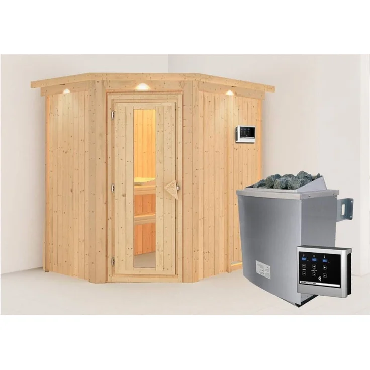 Karibu Sauna Carin mit Dachkranz + 9kW Saunaofen mit ext. Steuerung Easy Klarglas Ganzglastür – Bild 1