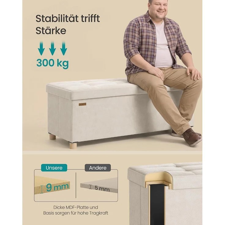 SONGMICS Sitzbank mit Stauraum, Hocker faltbar, 38 x 110 x 40 cm, Aufbewahrungsbox mit Deckel, Fußhocker 112 L, Samt, bis 300 kg belastbar, Flur Wohnzimmer Schlafzimmer – Bild 5