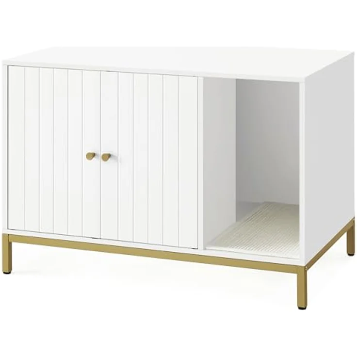 Feandrea Katzenklo-Schrank, Katzenhaus, Katzentoilette, mit Kratzmatte, hohe Beine, für Katzen, Beistelltisch, 80 x 50 x 55 cm, weiß-goldfarben PCL007W01 – Bild 2
