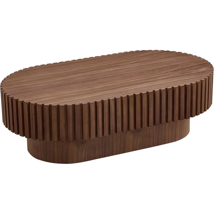 Oval Fluted Coffee Table, Modern Minimalist Center Table with Solid Wood Stripe Accent, MDF with Wood Veneer Construction, Contemporary Accent Table for Living Room, Bedroom, and Office (Walnut color)
