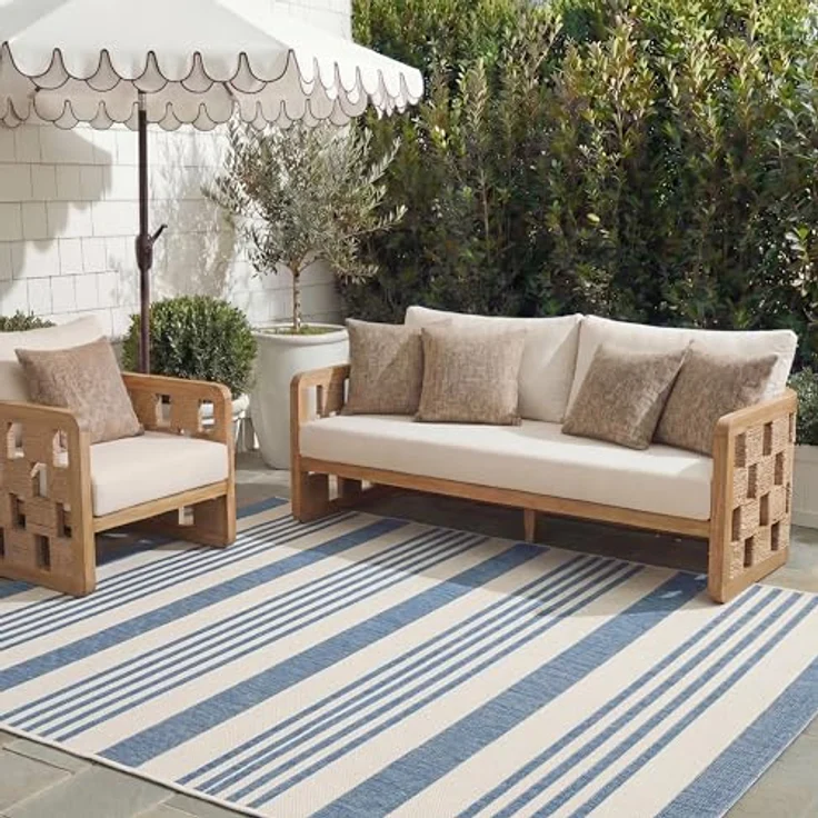SAFAVIEH Geometrisch Teppich für Wohnzimmer, Esszimmer, Schlafzimmer - Courtyard Collection, Kurzer Flor, Beige und Blau, 201 X 290 cm – Bild 2
